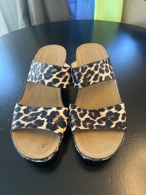 Women’s Leopard Print Double-Strap Slide Sandals - Tan/Black